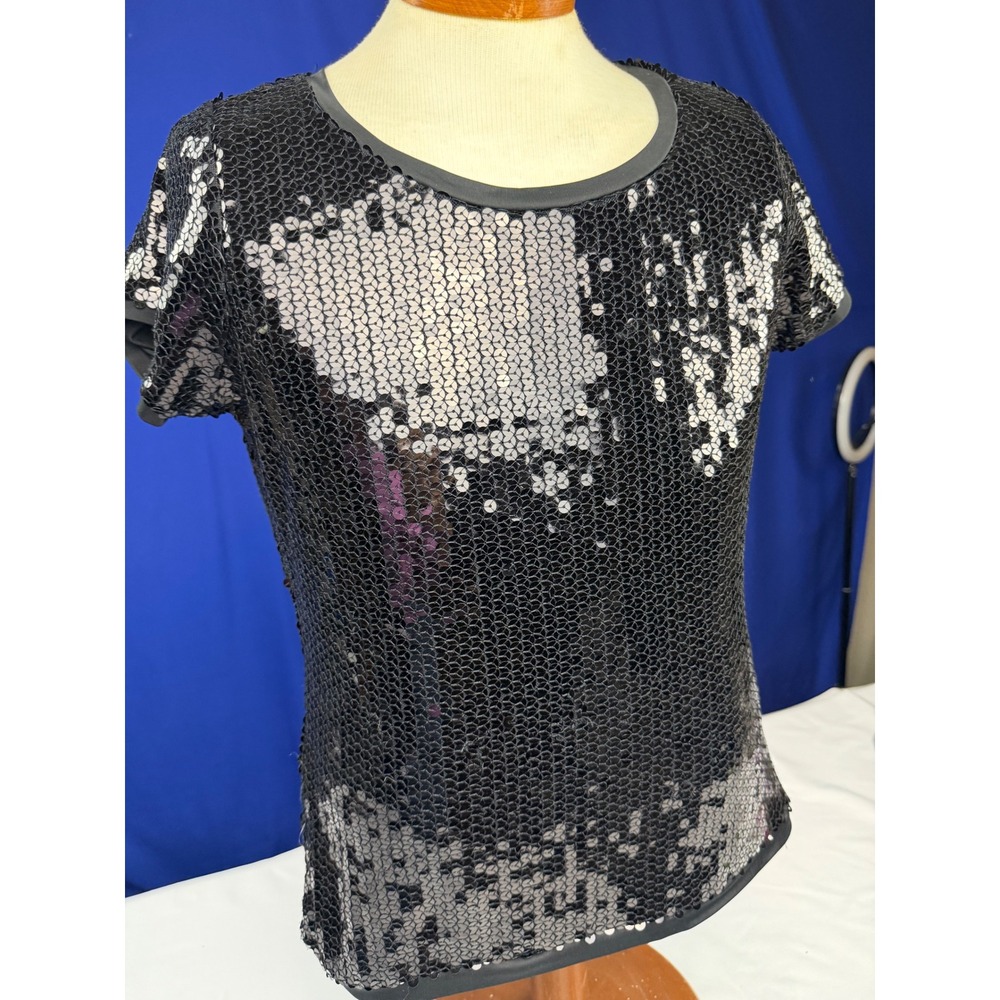 August Silk Petite Black Sequin Short Sleeve Top Crew Neck PM